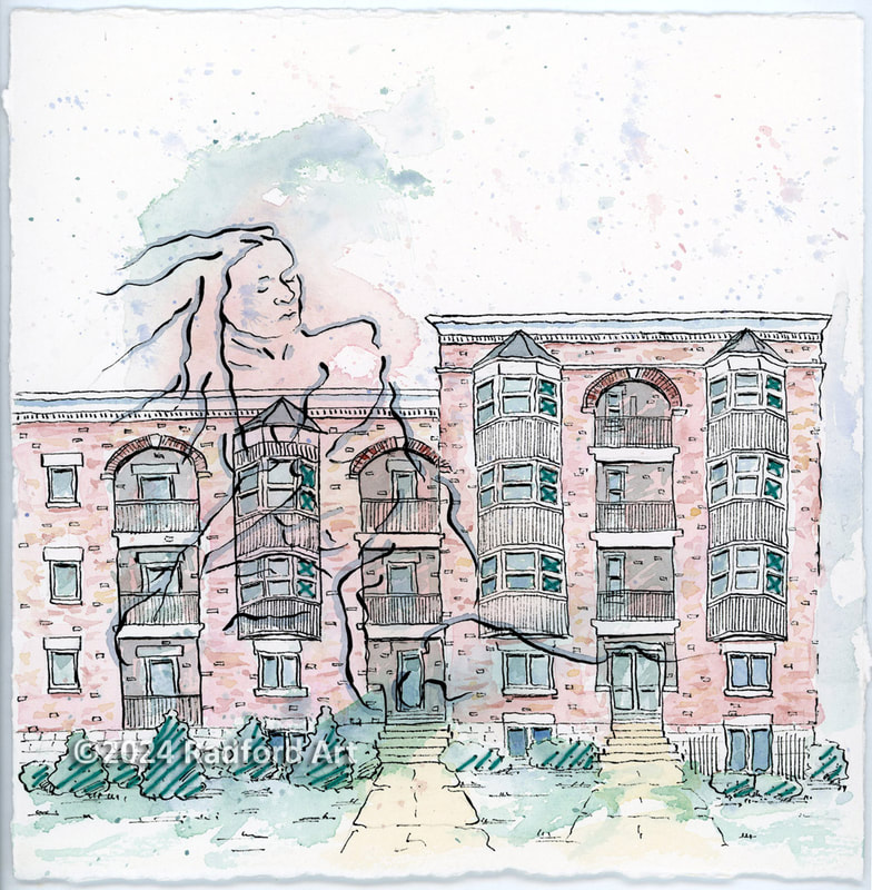 Artwork showing a stylized female figure and a historic red brick facade.